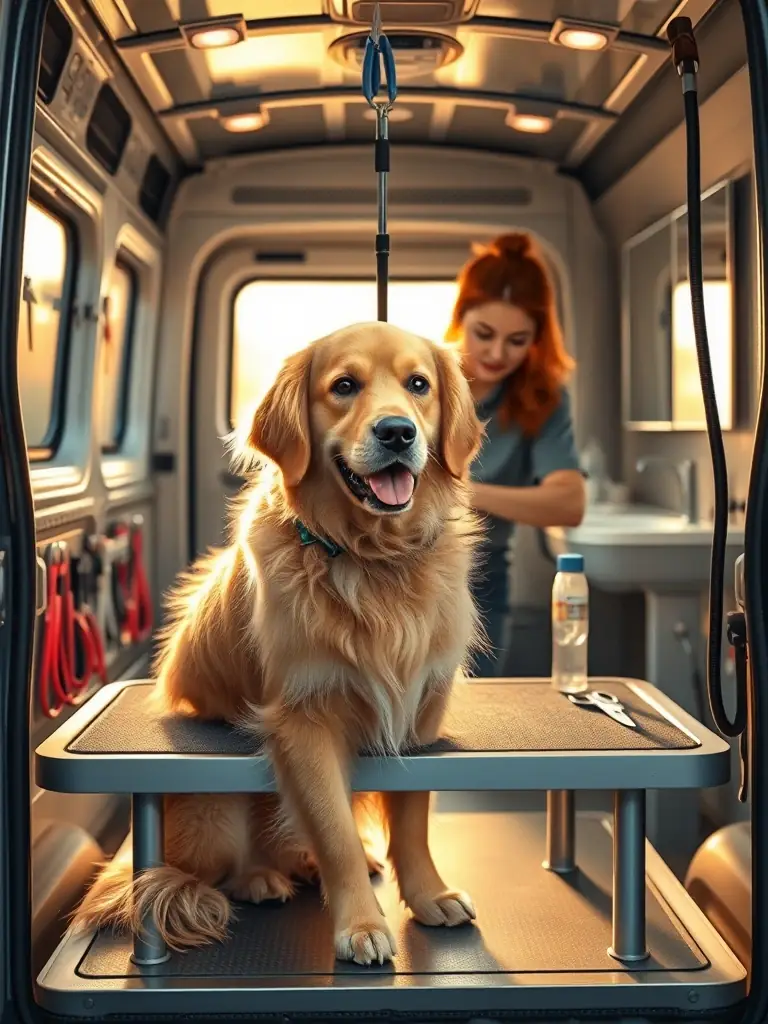 A golden retriever enjoying a full grooming session inside the Bark N Roll mobile grooming van, with the groomer carefully trimming its fur.