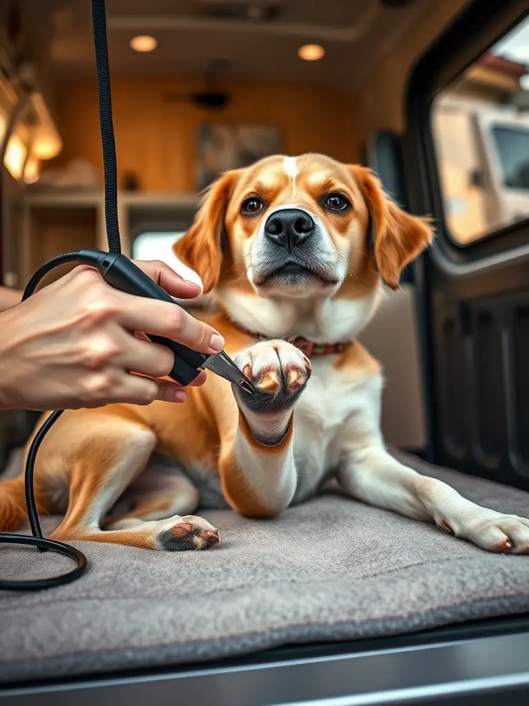 A close-up shot of a groomer carefully trimming a dog's nails in the Bark N Roll mobile grooming van, with the dog looking relaxed.