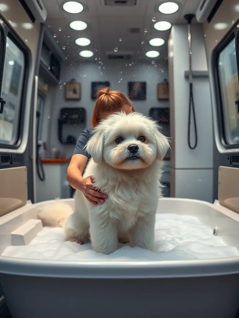 A fluffy white dog getting a bath in the mobile grooming van, with bubbles and a gentle, warm water spray.