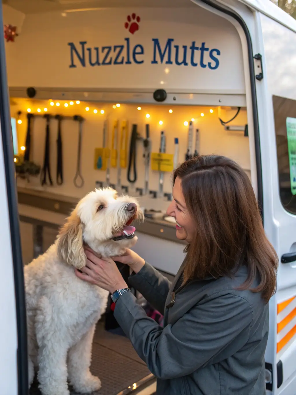 A small dog of mixed breed is getting its teeth brushed inside the Bark N Roll mobile grooming van.